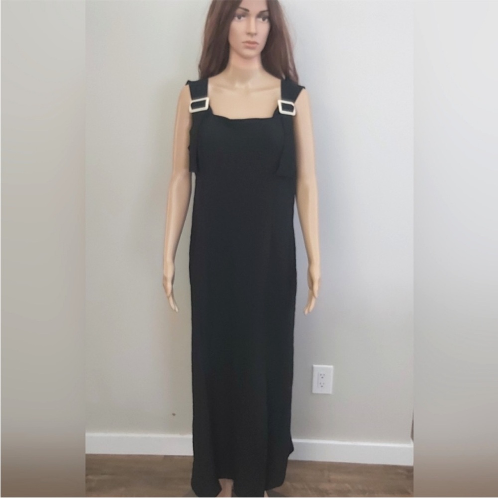 Vintage Linda Lundstrom maxi dress black crepe adjustable shoulder straps